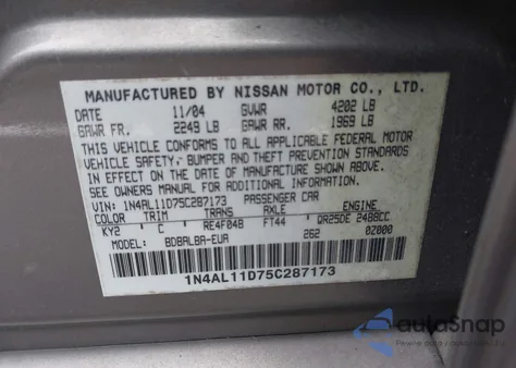 2005 Nissan Altima 2.5 S из США, поврежденный, VIN 1N4AL11D75C287173